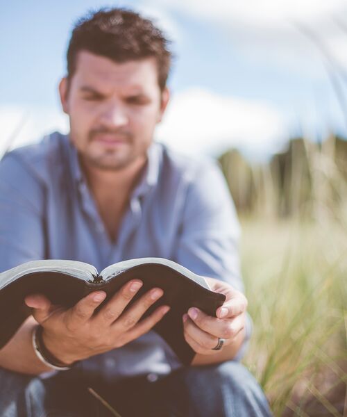 Person sitzt im Freien und liest in einem aufgeschlagenen Buch.