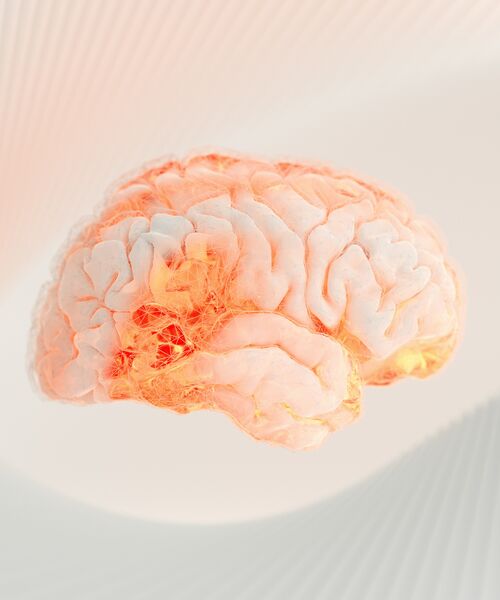 Abstrakte Darstellung eines menschlichen Gehirns mit leuchtenden orangefarbenen Akzenten.