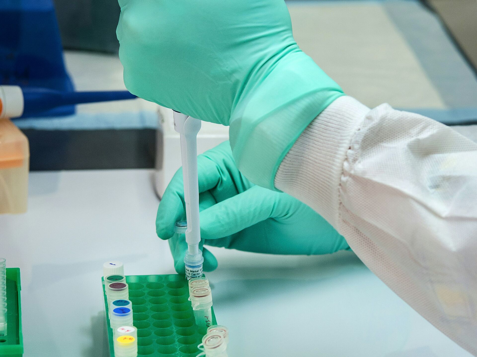 Person mit grünen Schutzhandschuhen pipettiert Flüssigkeit in kleine Probengefäße in einem Labor.