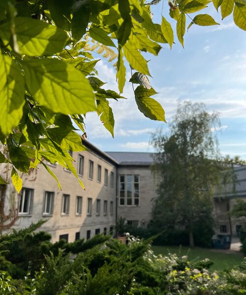 Blick auf ein Gebäude mit Garten und grünen Pflanzen im Vordergrund bei sonnigem Wetter.