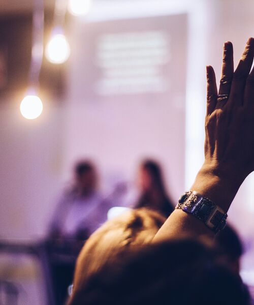 Person hebt die Hand in einem Seminarraum, im Hintergrund sind Vortragende unscharf zu erkennen.