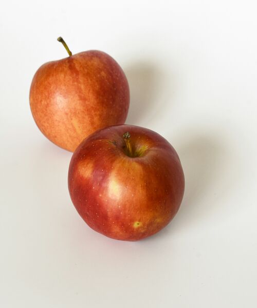 Zwei rote Äpfel liegen auf einer weißen Fläche, minimalistisch arrangiert.