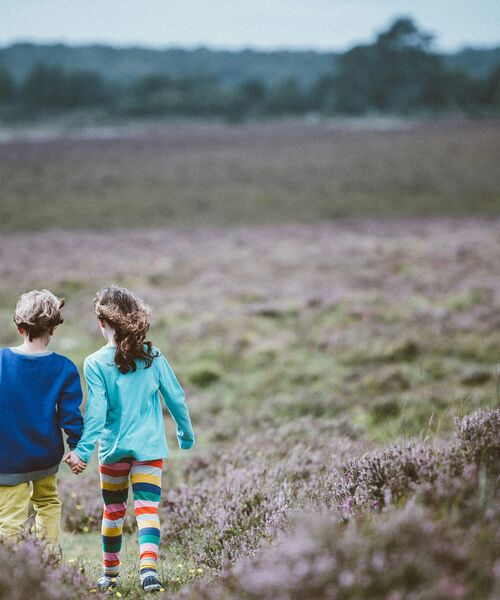 Zwei Kinder gehen Hand in Hand über ein weites Feld mit violetten Blumen, in bunter Kleidung und mit Blick in die Ferne.