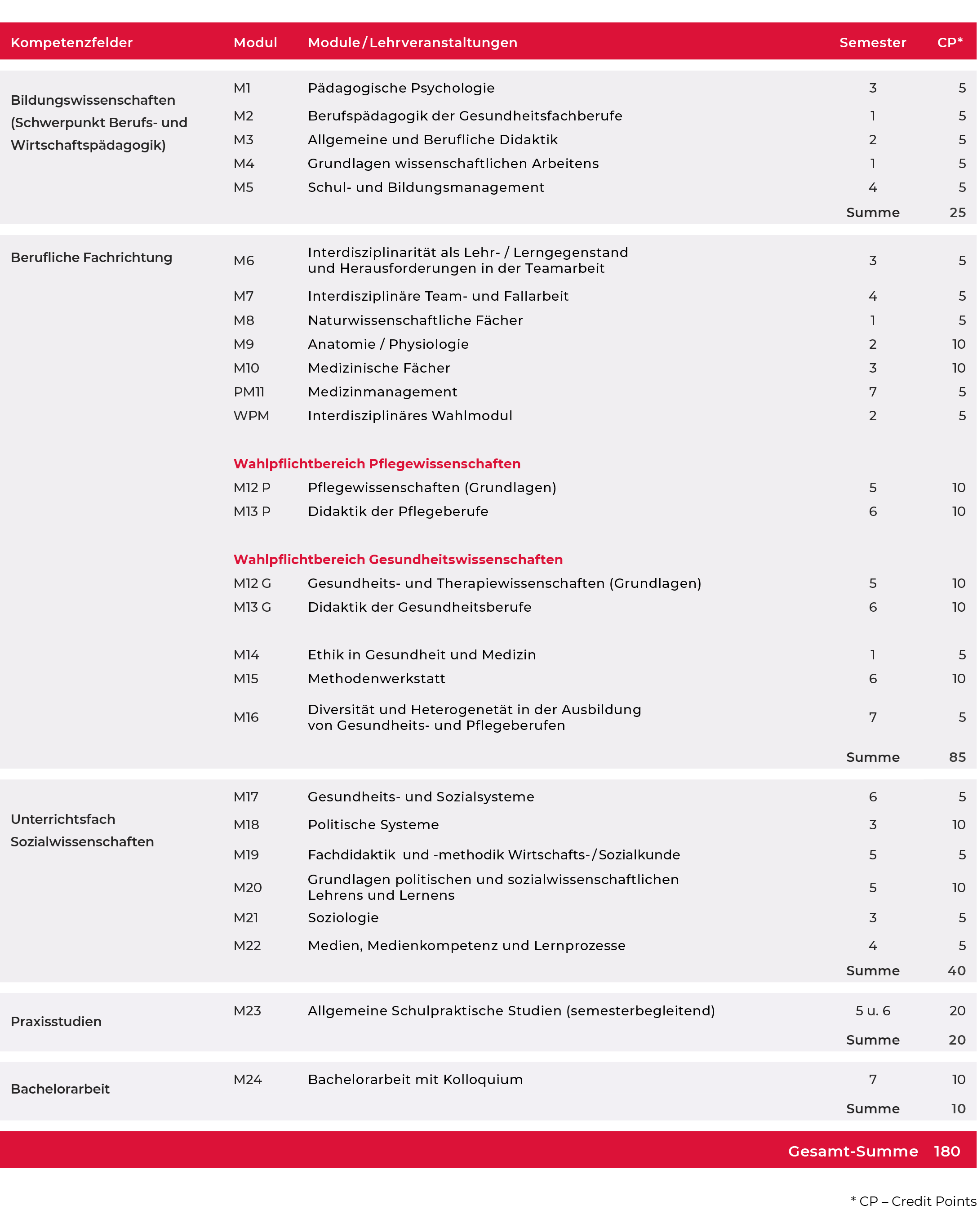 Tabellarische Übersicht eines Studienplans im Bereich Berufs- und Wirtschaftspädagogik mit Modulen, Semestern und Credit Points, gegliedert nach Kompetenzfeldern.